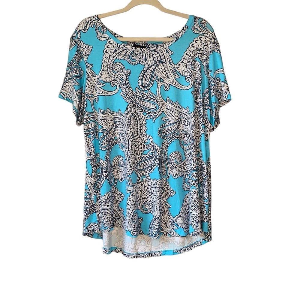 JM Collection aqua paisley‎ knit short sleeve tunic top. Size XL
